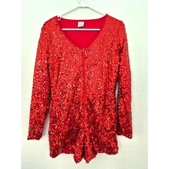 Spirit Red Sequin Romper Womens Sz L Long Sleeve Costume Holiday Halloween NWOT - Picture 3 of 10
